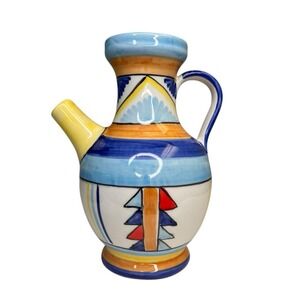 Pier 1 Hand painted Pitcher Olive Oil Ewer Italy Ceramic Colorful Geometric Blue